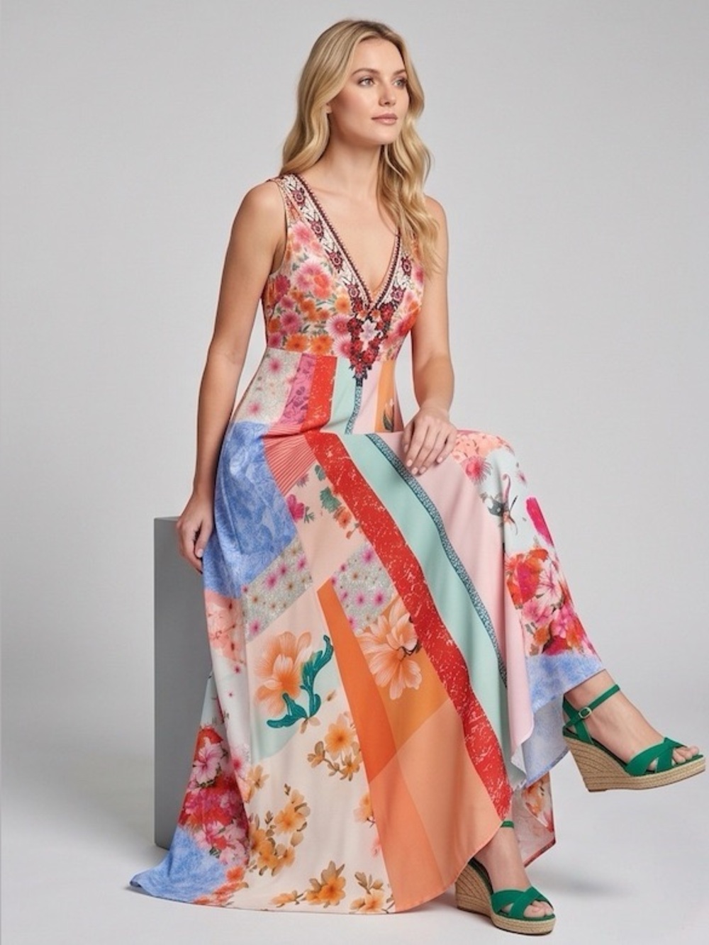 Boho Patchwork Floral V-Neck Maxi Resort Dress - Picture 4 of 7